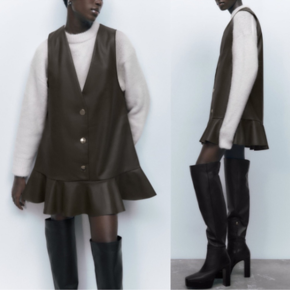 NWT Zara faux leather olive green jumper dress